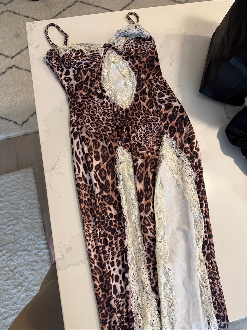 Leopard Print Lace Trim Slip Dress - Brown